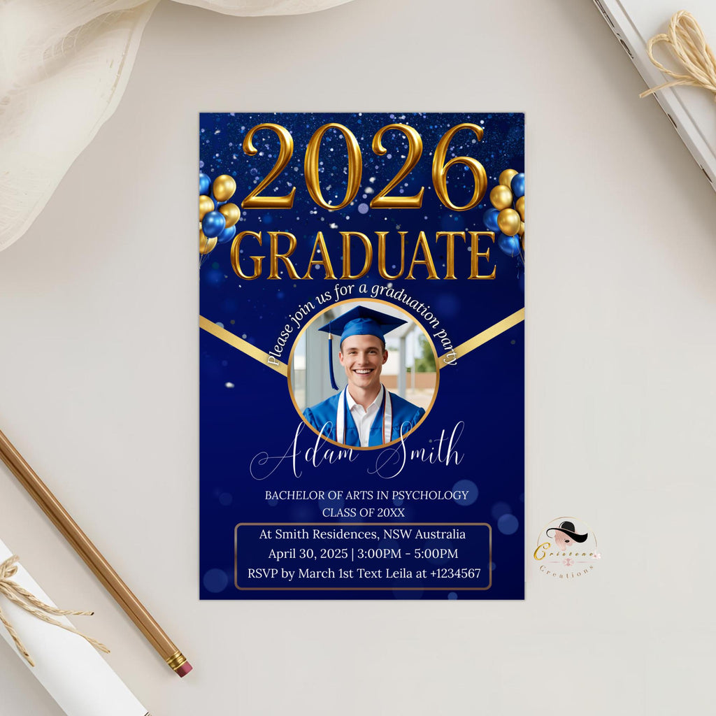 Men Graduation Announcement 2026 Invitation Blue Gold Senior Grad Party Invite with photo Digital College Graduation Day, He DID it Template