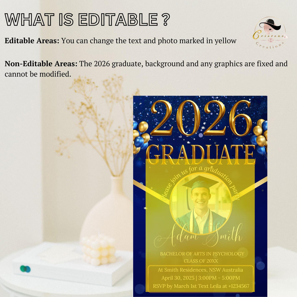 Men Graduation Announcement 2026 Invitation Blue Gold Senior Grad Party Invite with photo Digital College Graduation Day, He DID it Template