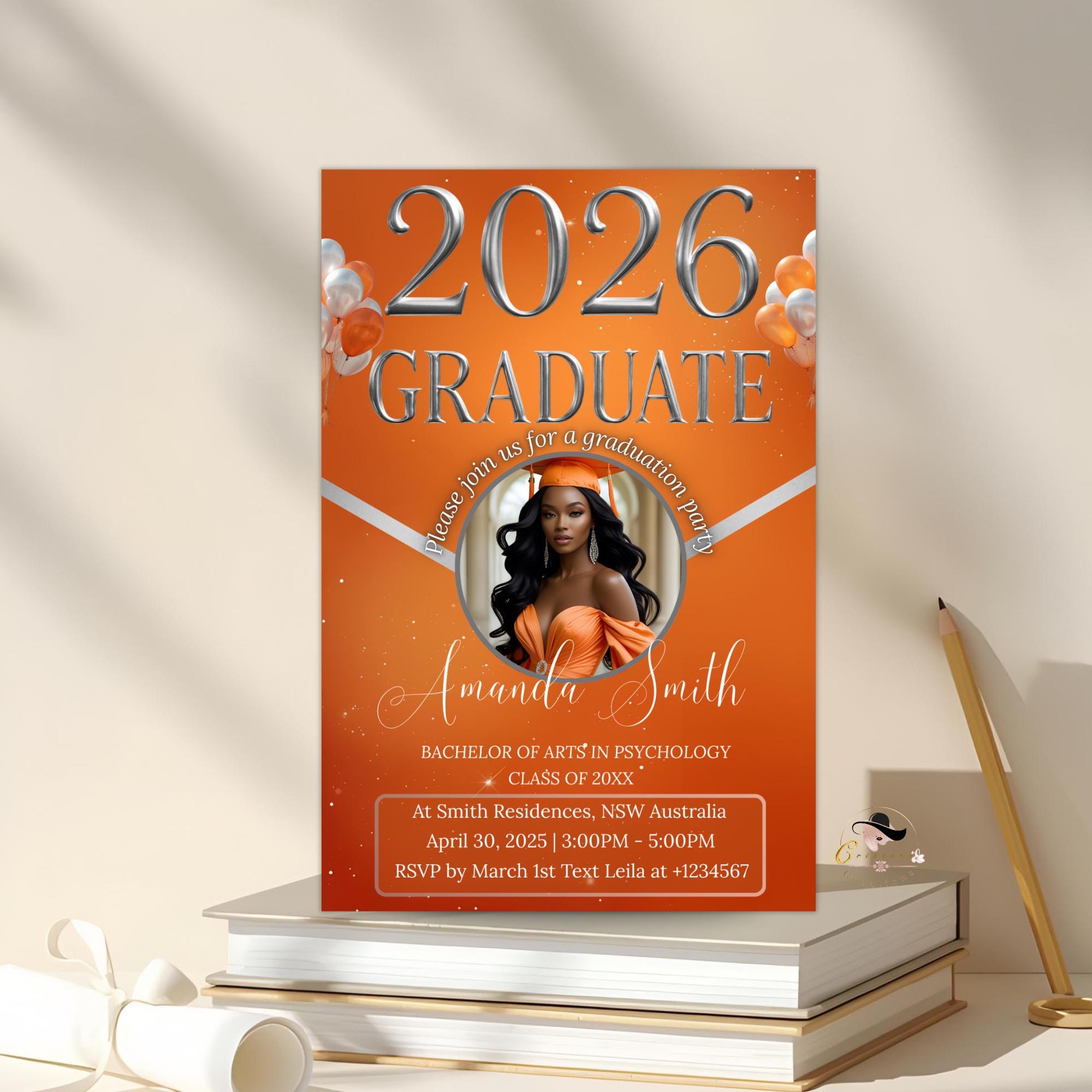 Orange Silver Graduation Announcement 2026 Invitation, Digital Senior Graduation invite with photo, Elegant College Graduates Party Template
