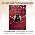 Maroon Graduation Party Invitation 2026, Digital Woman Senior Graduation Announcement invite with photo, Editable College Graduates Template