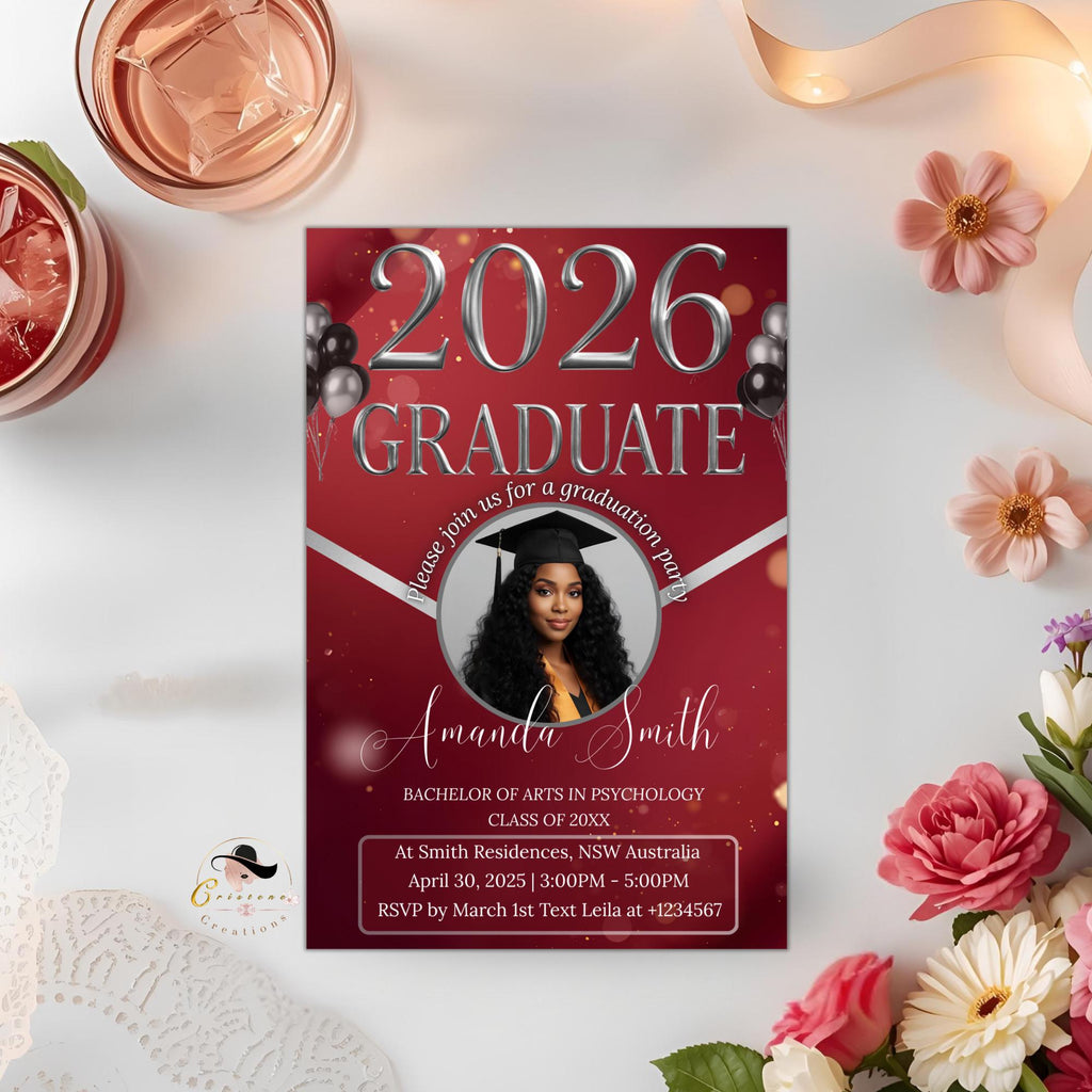 Maroon Graduation Party Invitation 2026, Digital Woman Senior Graduation Announcement invite with photo, Editable College Graduates Template