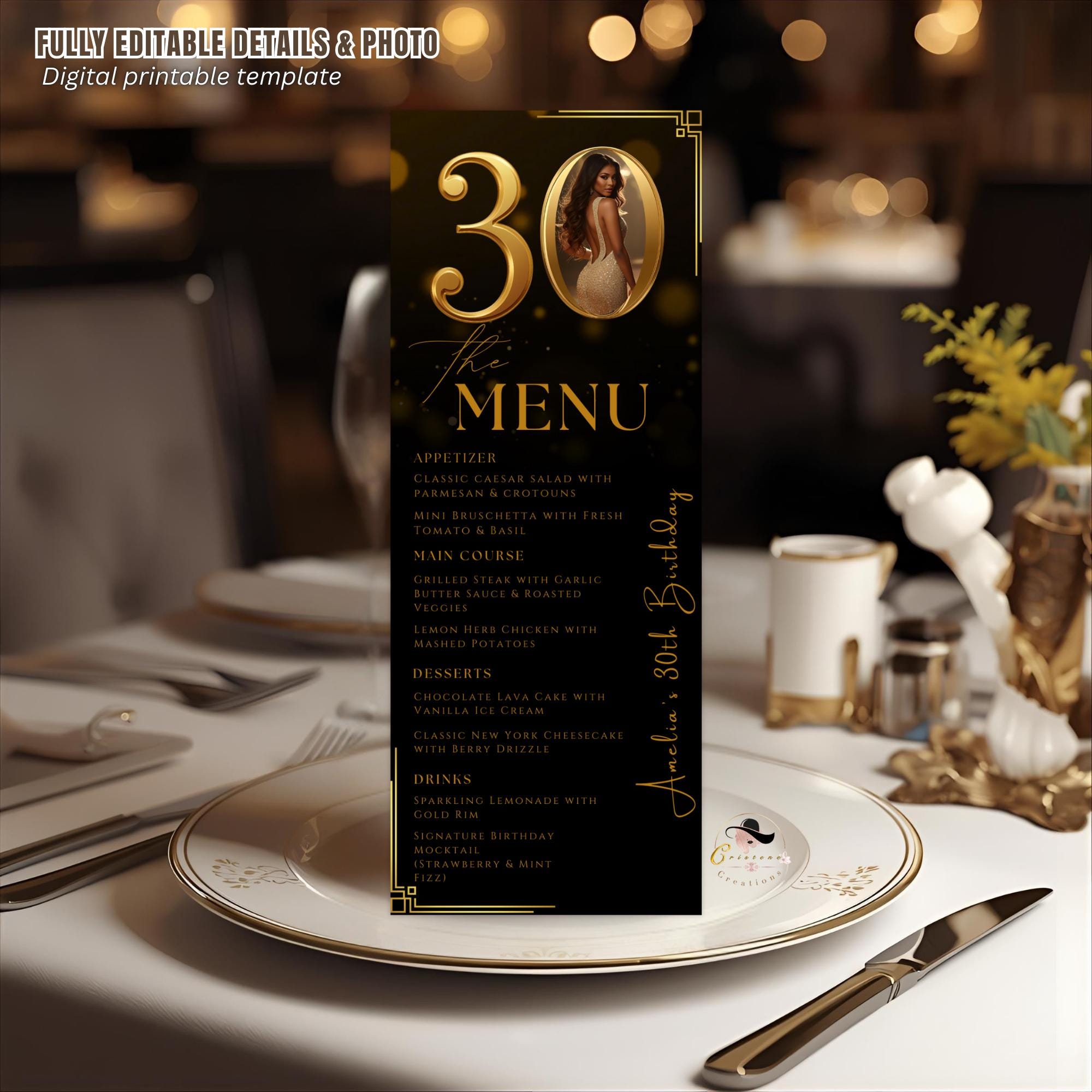 Editable 30th Birthday Dinner Menu Card, Black Gold Party Menu with photo, Elegant Anniversary Menu, Printable Men and Woman Menu Template