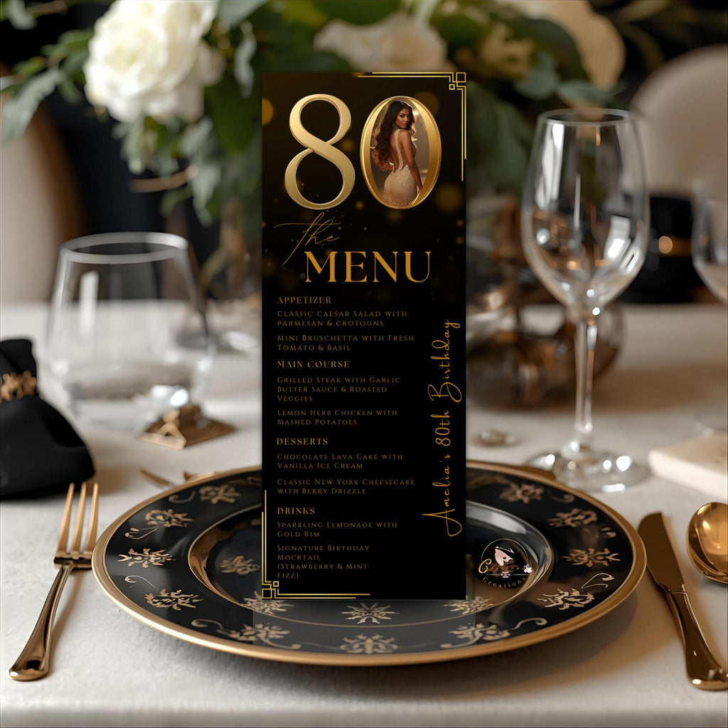80th Birthday Party Menu card, Black Gold Elegant Dinner Menu with photo, Editable Eightieth Menu, Printable Men and Woman Menu Template