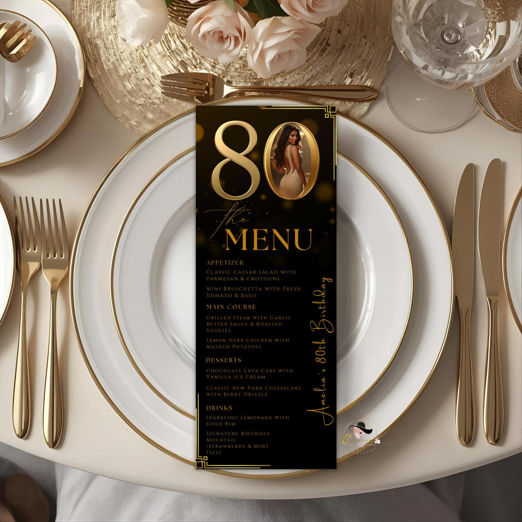80th Birthday Party Menu card, Black Gold Elegant Dinner Menu with photo, Editable Eightieth Menu, Printable Men and Woman Menu Template