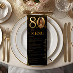 80th Birthday Party Menu card, Black Gold Elegant Dinner Menu with photo, Editable Eightieth Menu, Printable Men and Woman Menu Template