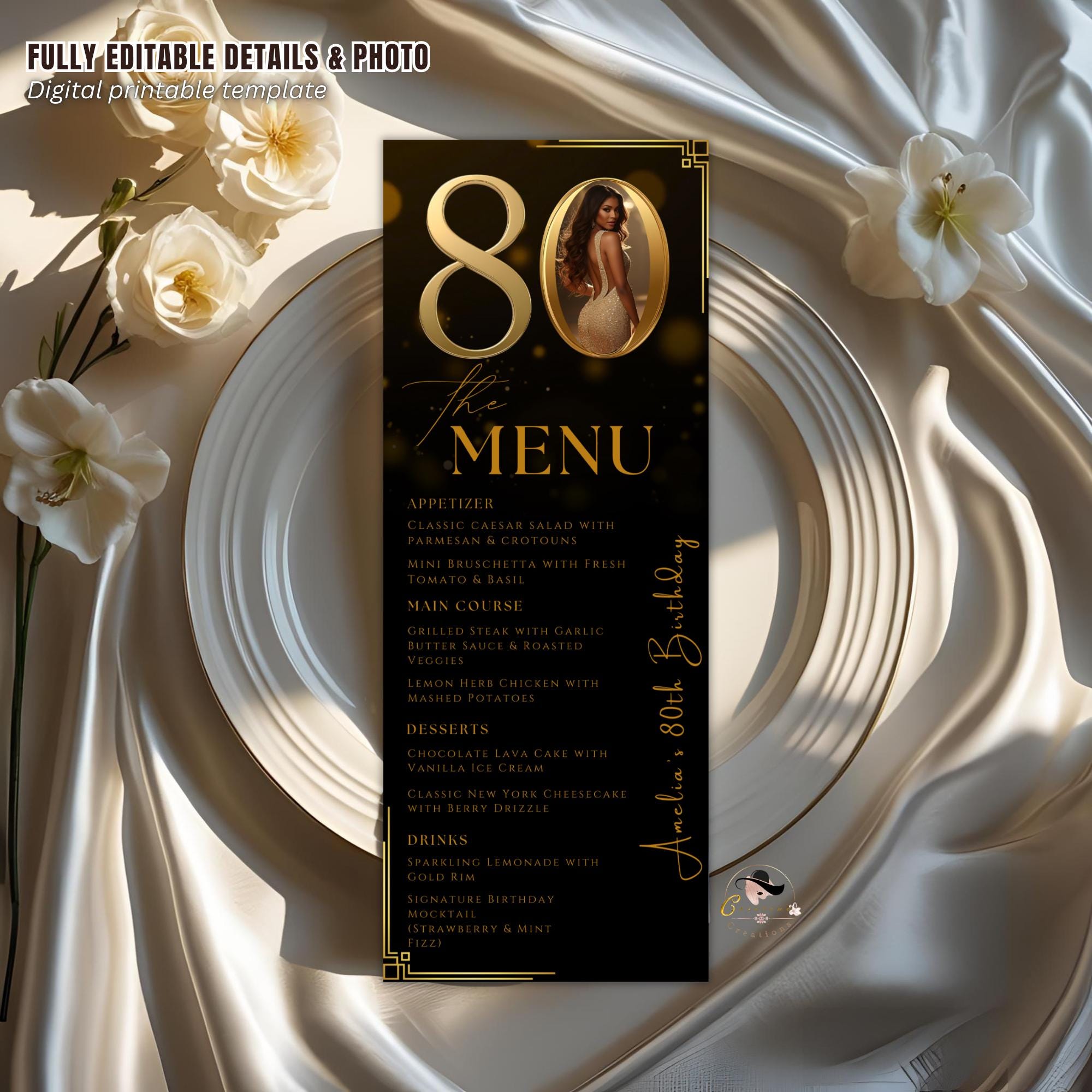 80th Birthday Party Menu card, Black Gold Elegant Dinner Menu with photo, Editable Eightieth Menu, Printable Men and Woman Menu Template