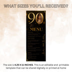 90th Birthday Party Menu card, Black Gold Elegant Dinner Menu with photo, Editable Ninetieth Menu, Printable Men and Woman Menu Template