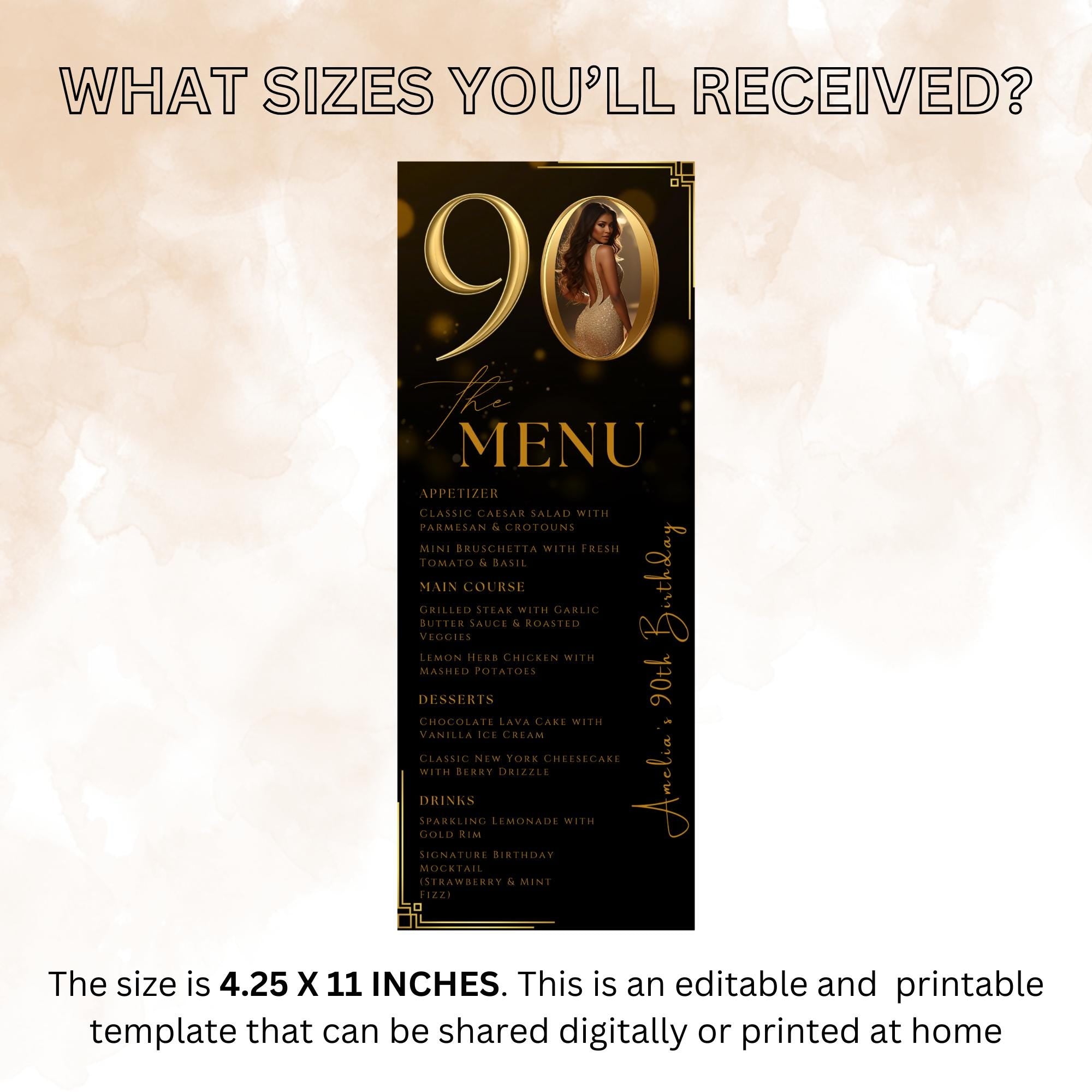 90th Birthday Party Menu card, Black Gold Elegant Dinner Menu with photo, Editable Ninetieth Menu, Printable Men and Woman Menu Template