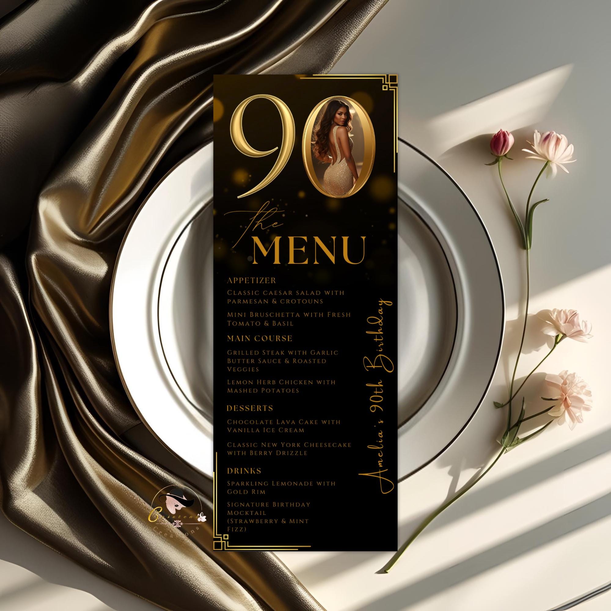 90th Birthday Party Menu card, Black Gold Elegant Dinner Menu with photo, Editable Ninetieth Menu, Printable Men and Woman Menu Template