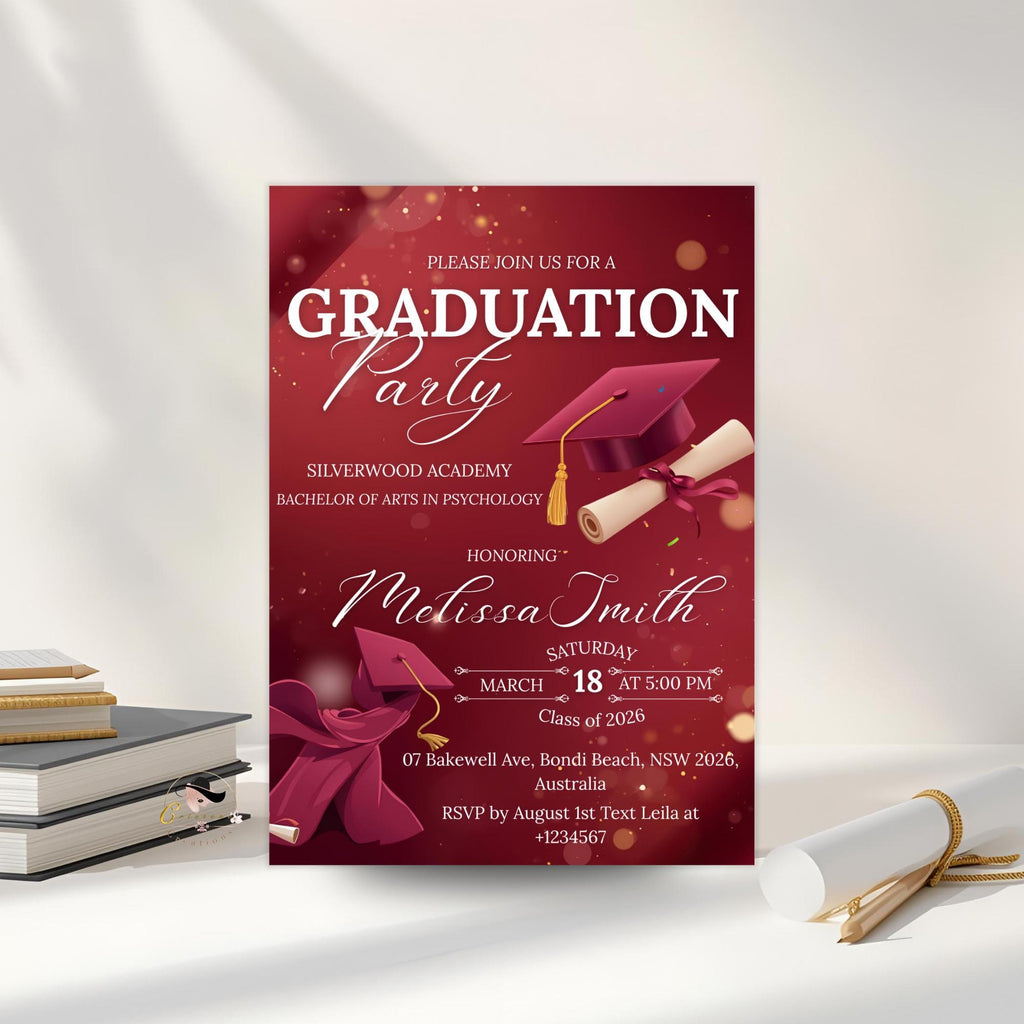 Maroon Graduation Party Invitation, Class of 2026 Senior Graduation Dinner invite, Editable College Graduate Announcement Burgundy Template