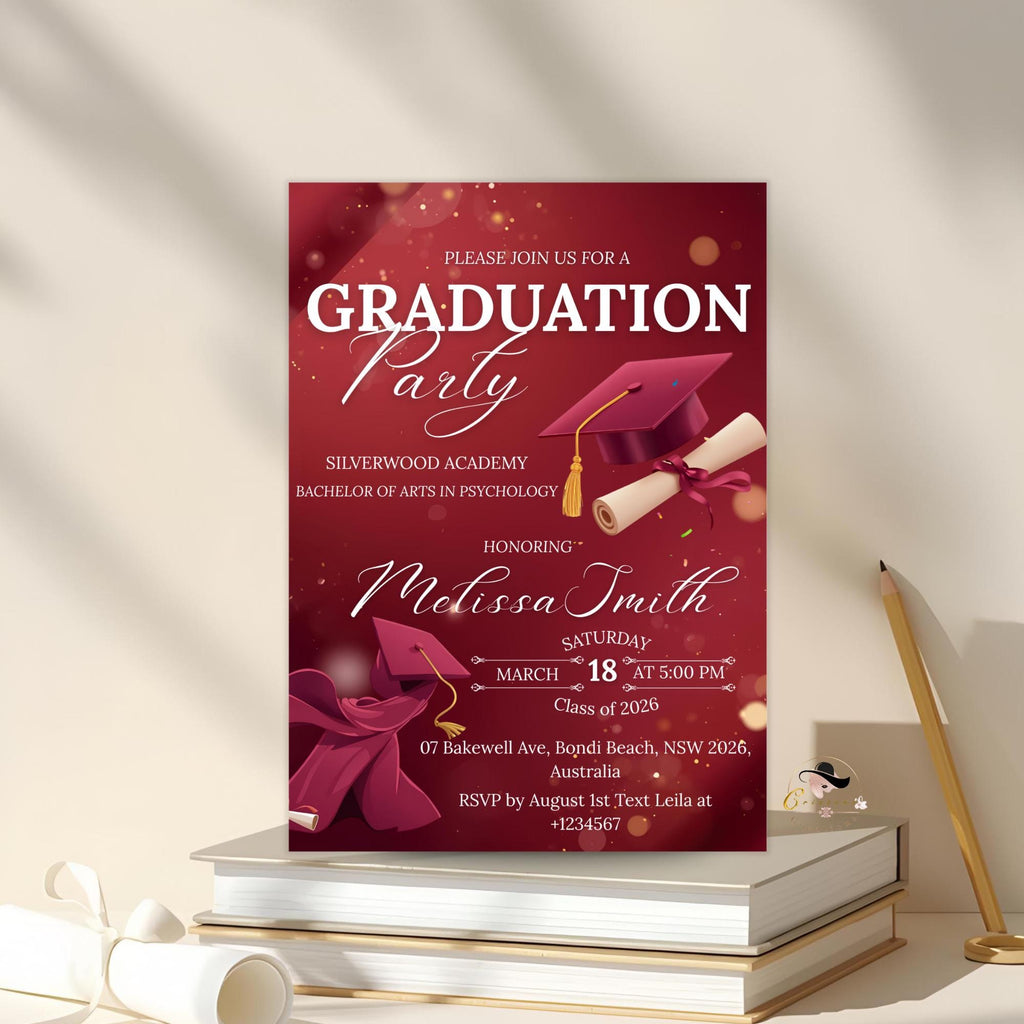 Maroon Graduation Party Invitation, Class of 2026 Senior Graduation Dinner invite, Editable College Graduate Announcement Burgundy Template