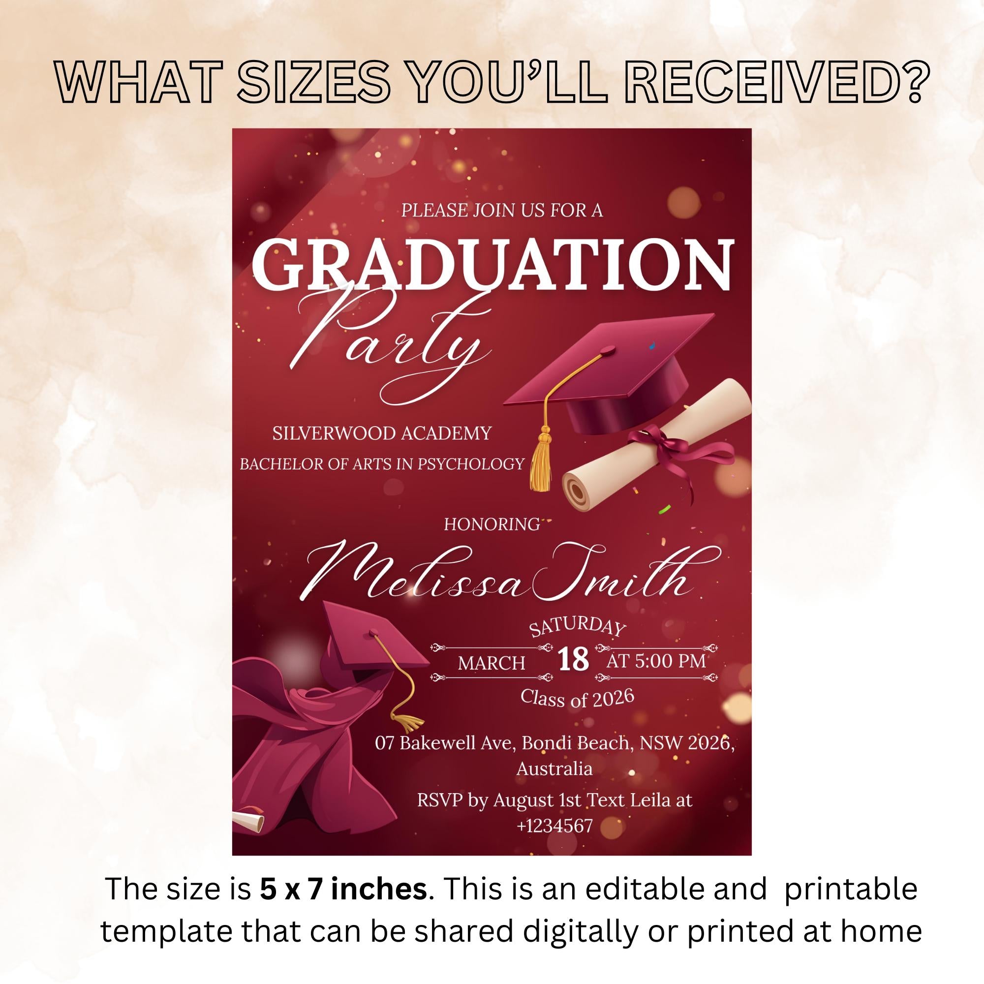Maroon Graduation Party Invitation, Class of 2026 Senior Graduation Dinner invite, Editable College Graduate Announcement Burgundy Template