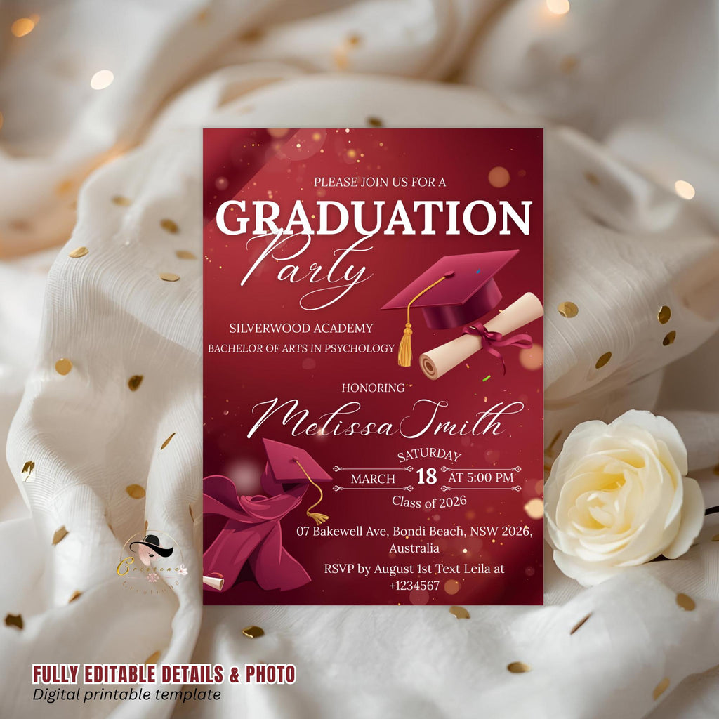 Maroon Graduation Party Invitation, Class of 2026 Senior Graduation Dinner invite, Editable College Graduate Announcement Burgundy Template