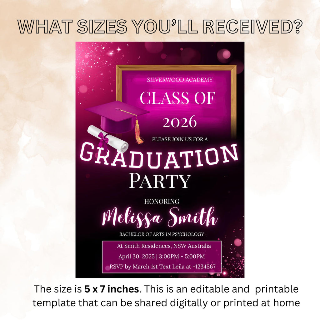 Digital Graduation Party Invitation Pink Black Class of 2026 Senior Graduation Dinner invite, Elegant College Graduate Announcement Template