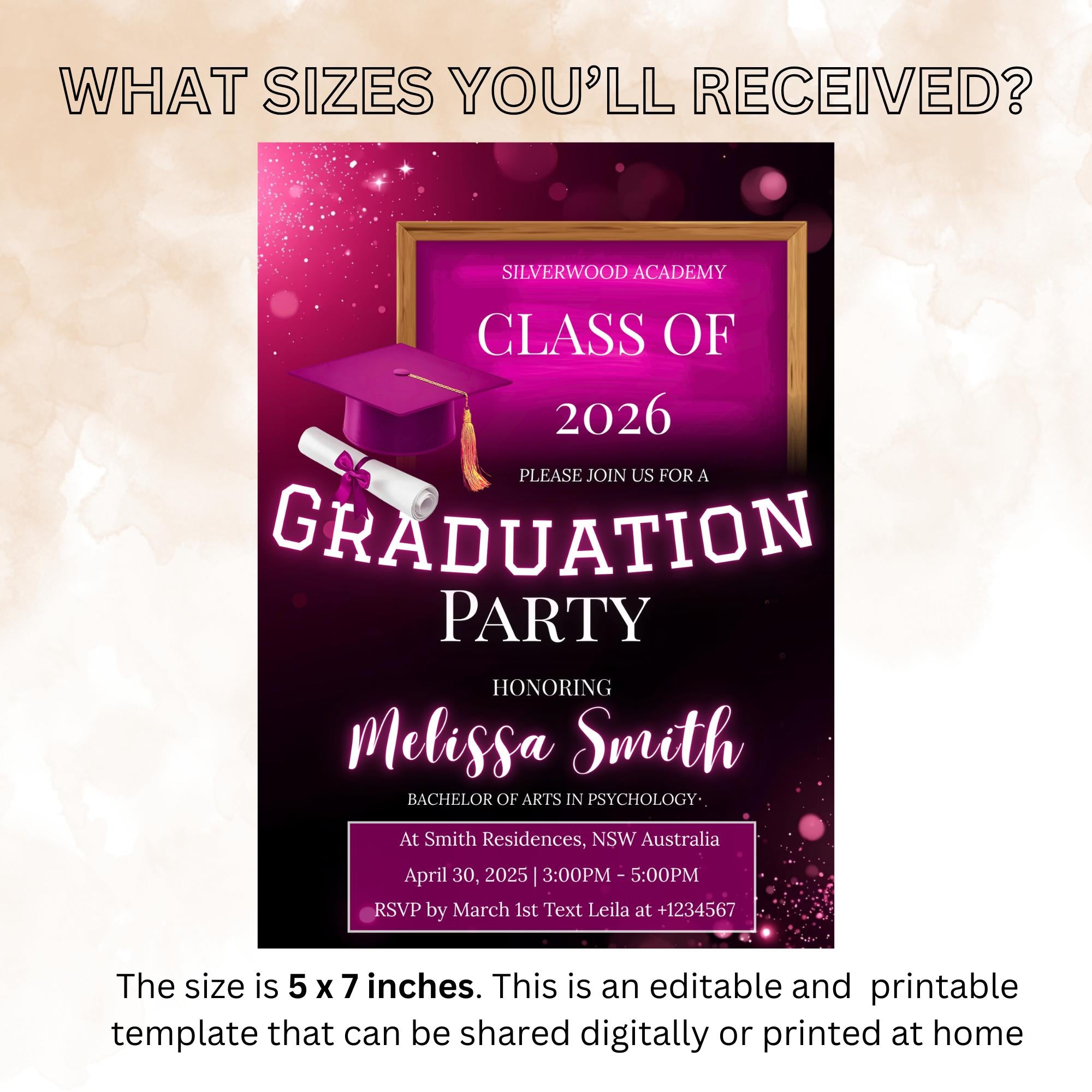 Digital Graduation Party Invitation Pink Black Class of 2026 Senior Graduation Dinner invite, Elegant College Graduate Announcement Template