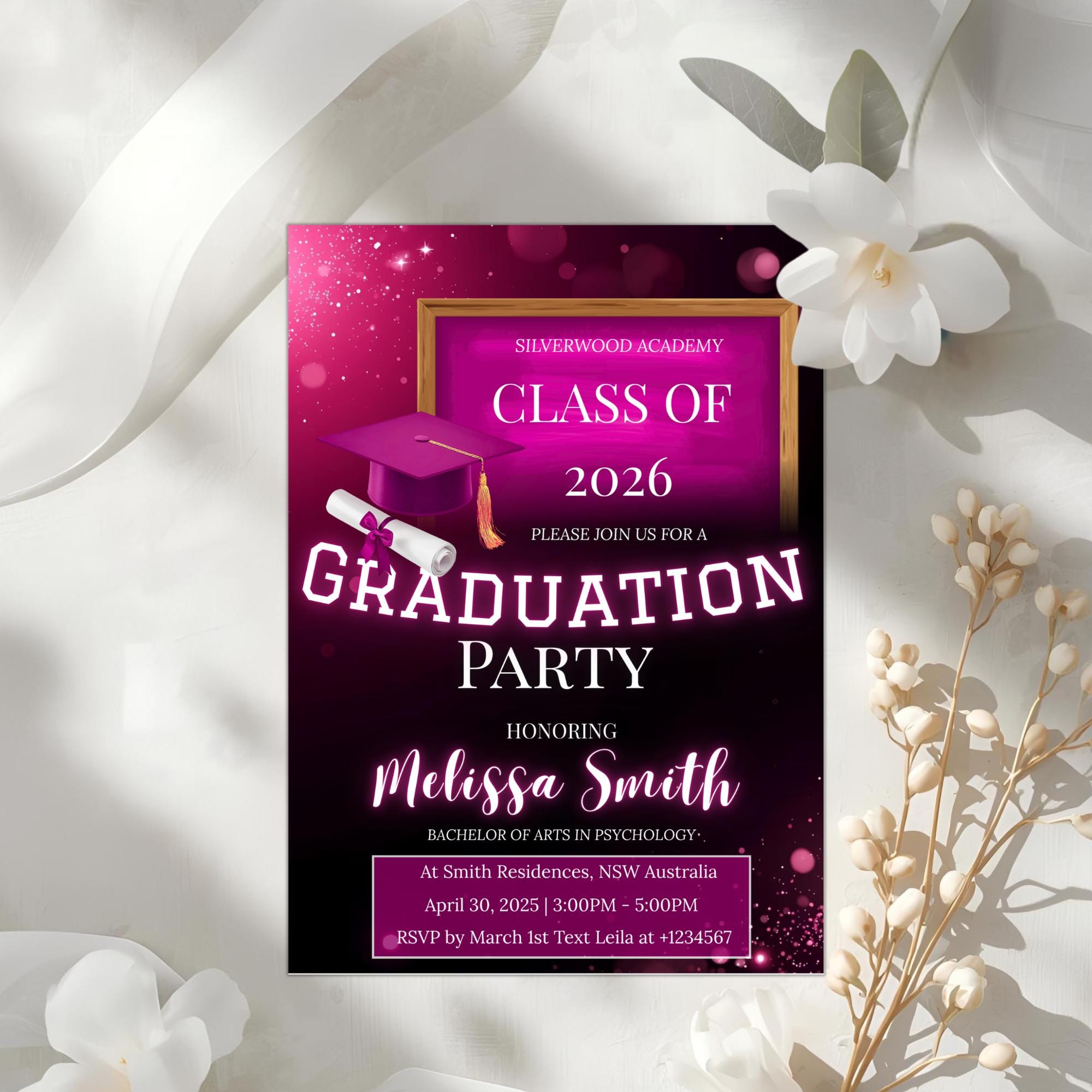 Digital Graduation Party Invitation Pink Black Class of 2026 Senior Graduation Dinner invite, Elegant College Graduate Announcement Template