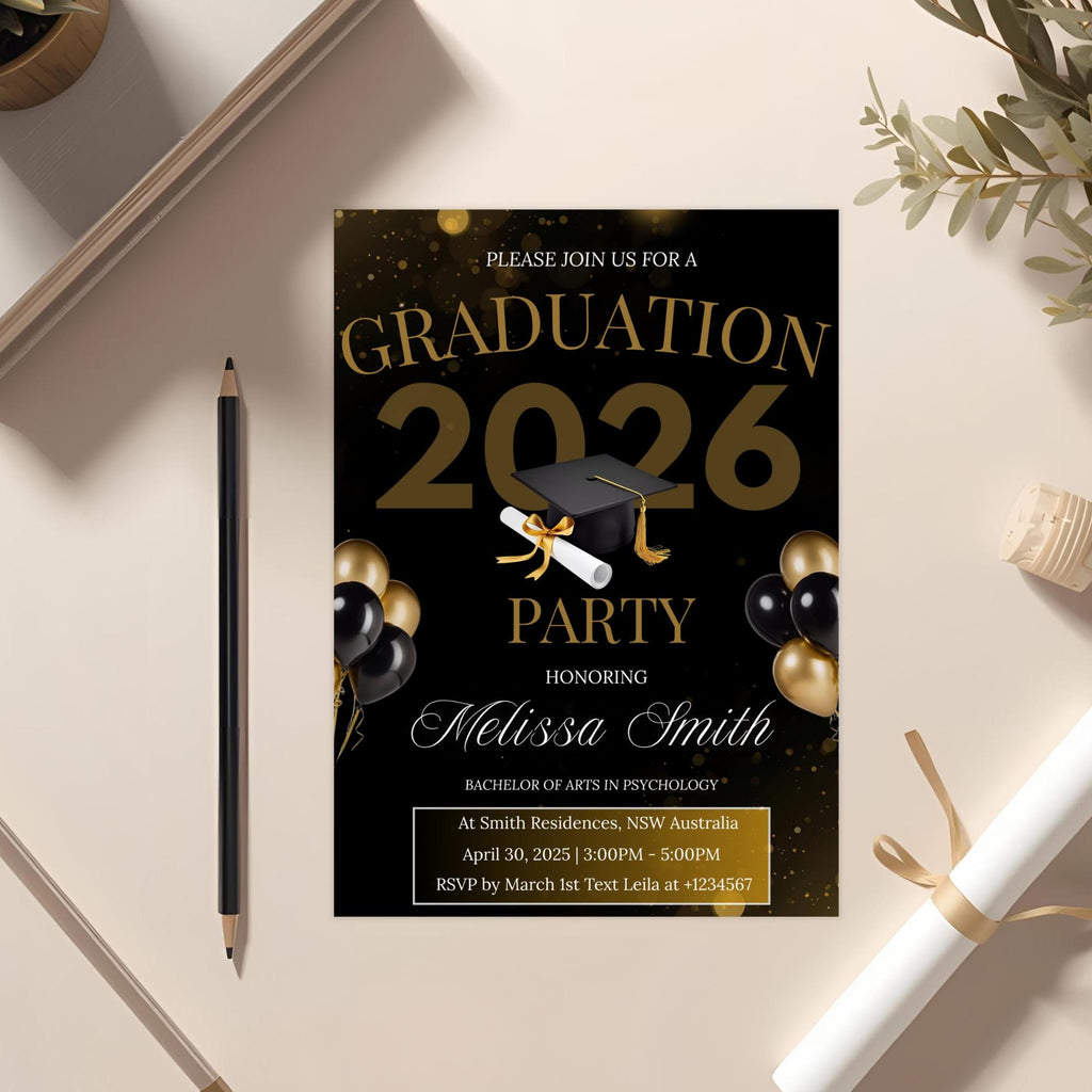 Black Gold Graduation Party Invitation, Class of 2026 Senior Graduation Dinner invite, Men and Woman College Graduate Announcement Template