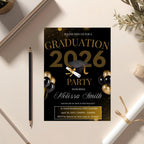Black Gold Graduation Party Invitation, Class of 2026 Senior Graduation Dinner invite, Men and Woman College Graduate Announcement Template