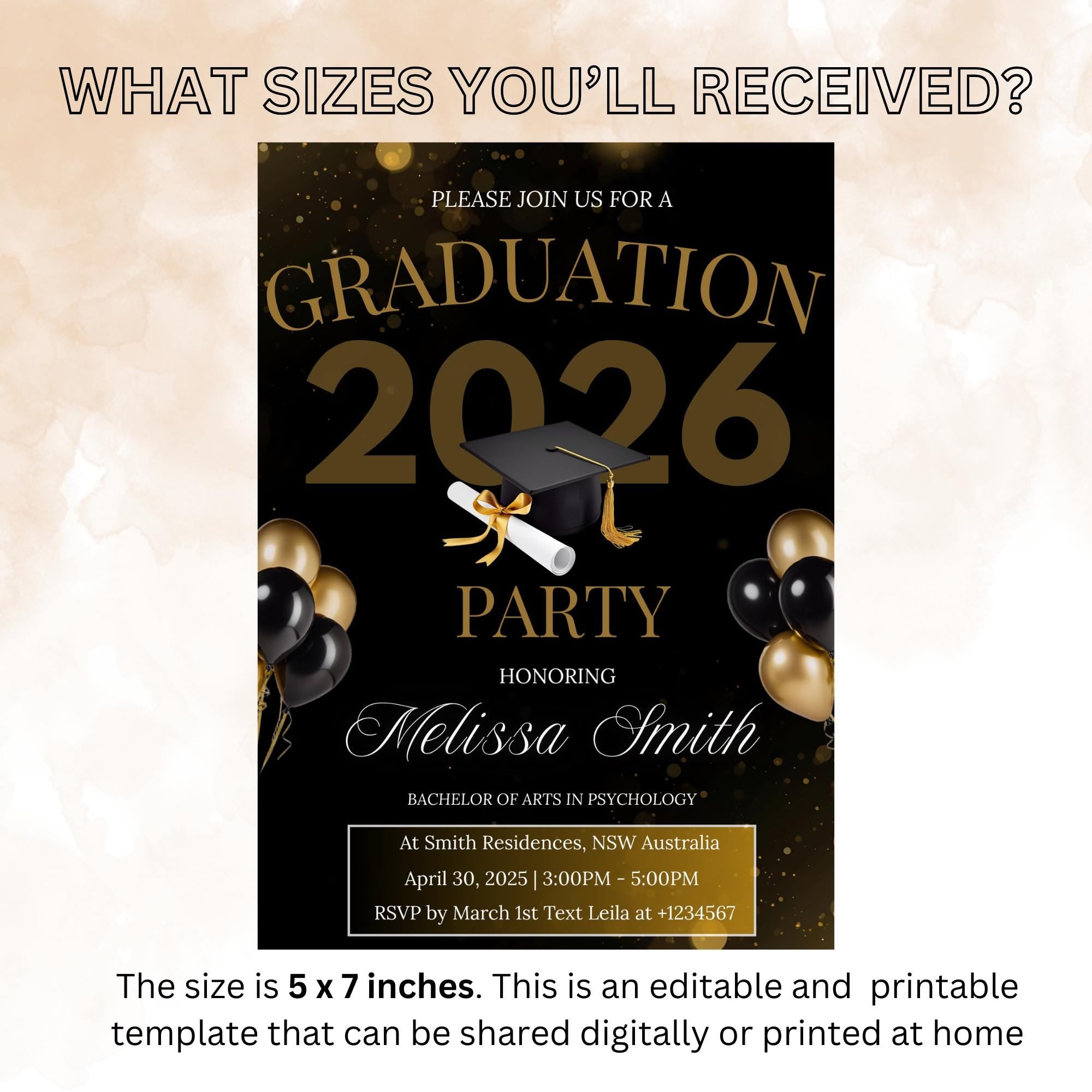 Black Gold Graduation Party Invitation, Class of 2026 Senior Graduation Dinner invite, Men and Woman College Graduate Announcement Template