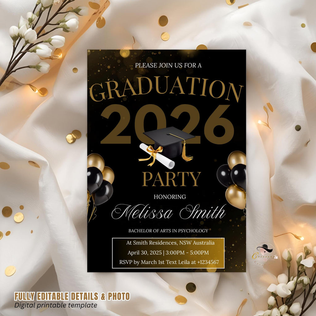 Black Gold Graduation Party Invitation, Class of 2026 Senior Graduation Dinner invite, Men and Woman College Graduate Announcement Template