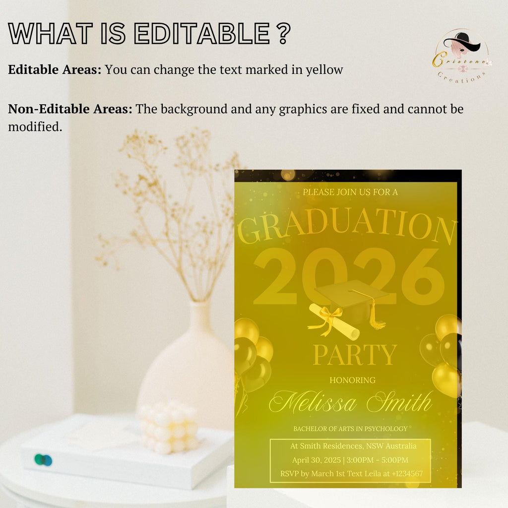 Black Gold Graduation Party Invitation, Class of 2026 Senior Graduation Dinner invite, Men and Woman College Graduate Announcement Template