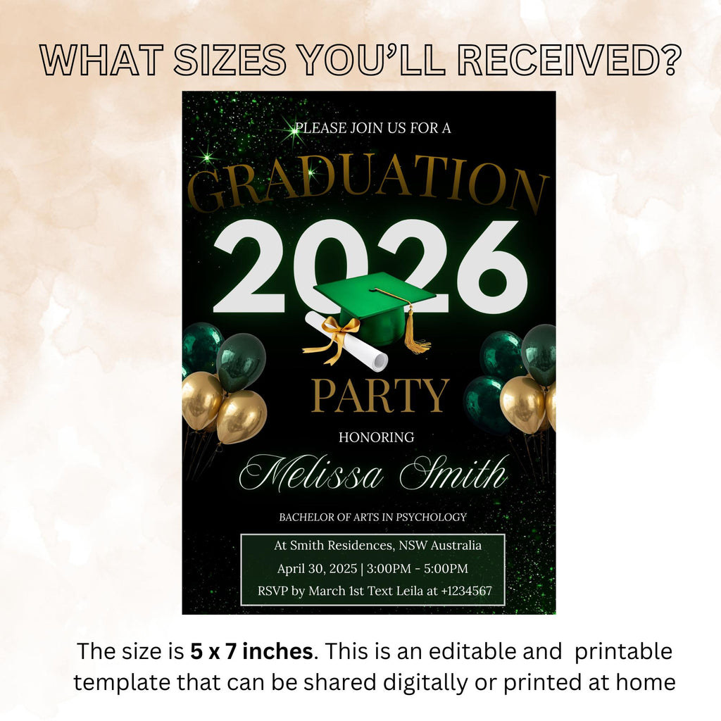 Graduation Announcement Invitation Green Black Class of 2026 Senior Grad Dinner invite, Men Woman  College Graduates Party Editable Template