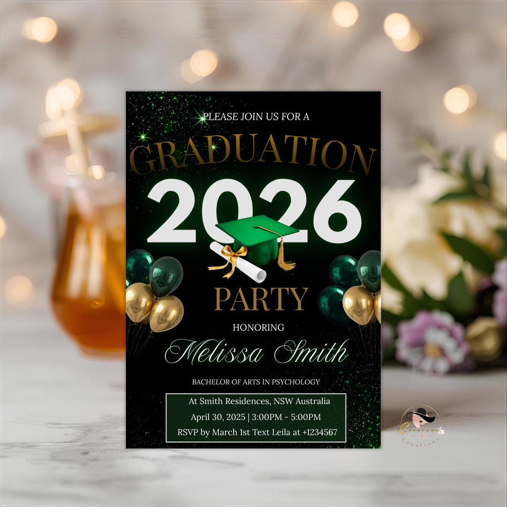 Graduation Announcement Invitation Green Black Class of 2026 Senior Grad Dinner invite, Men Woman  College Graduates Party Editable Template