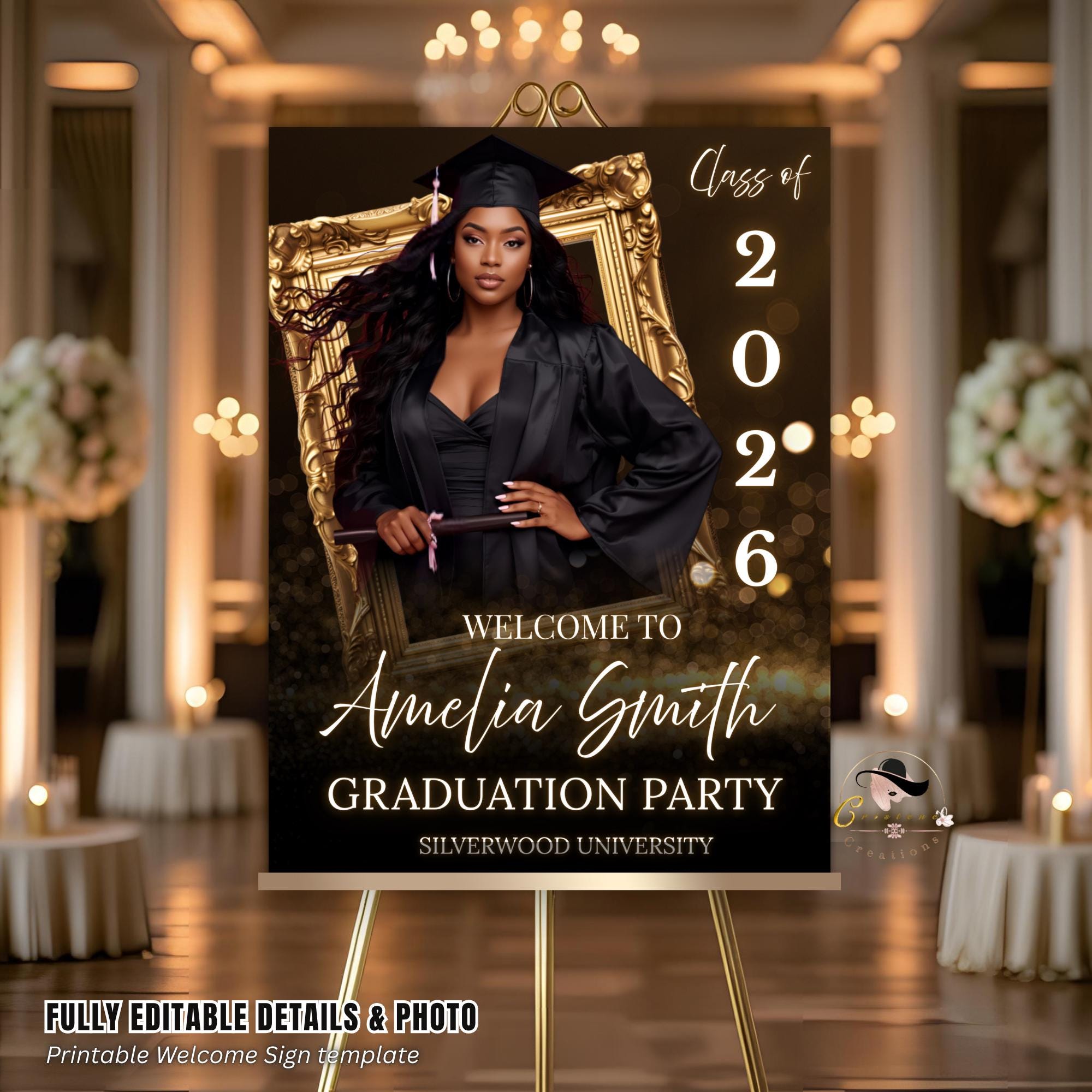 Graduation Welcome Party Sign Black Gold, Woman Graduates Poster Sign with photo, 2026 Men College Commencement Announcement Entry Template