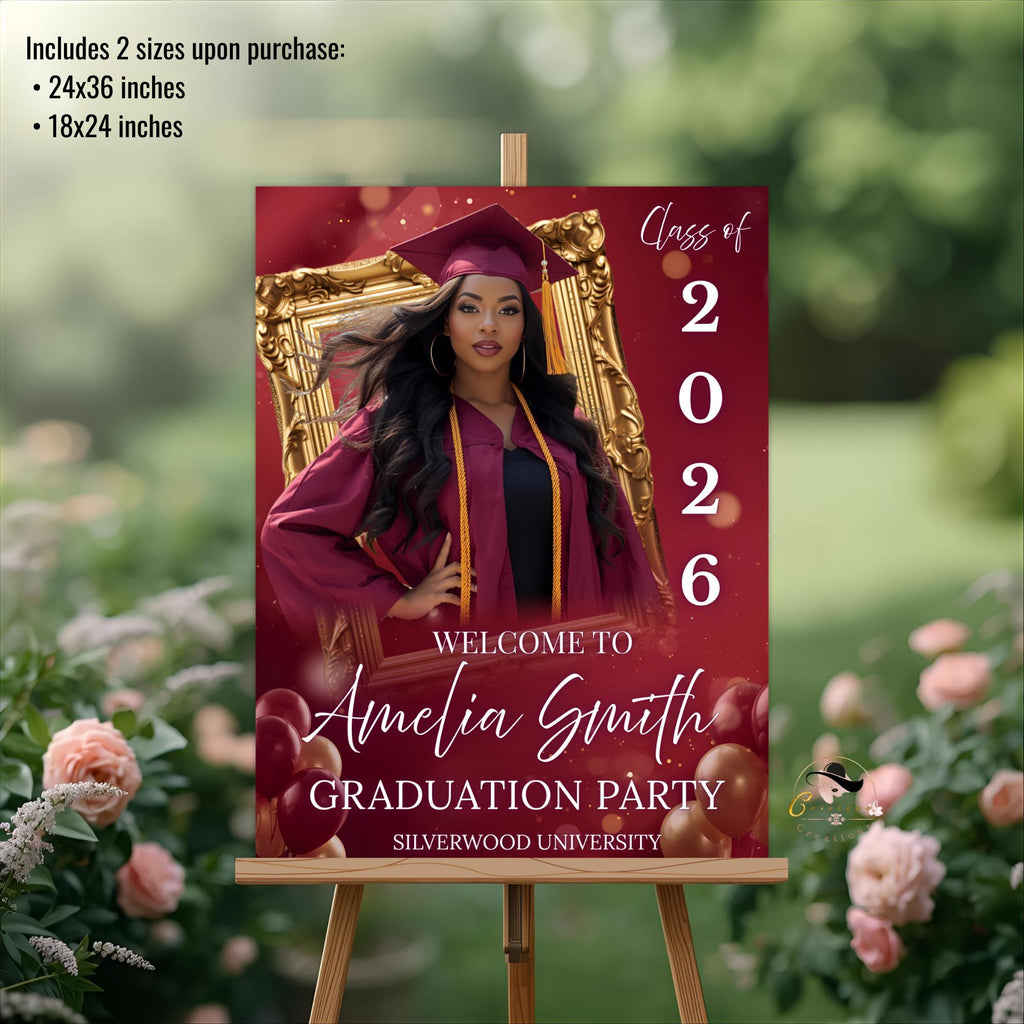 Maroon Graduation Welcome Party Sign, Woman Senior Graduate Poster Sign with photo Men College Commencement Announcement Entry Sign Template