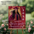 Maroon Graduation Welcome Party Sign, Woman Senior Graduate Poster Sign with photo Men College Commencement Announcement Entry Sign Template