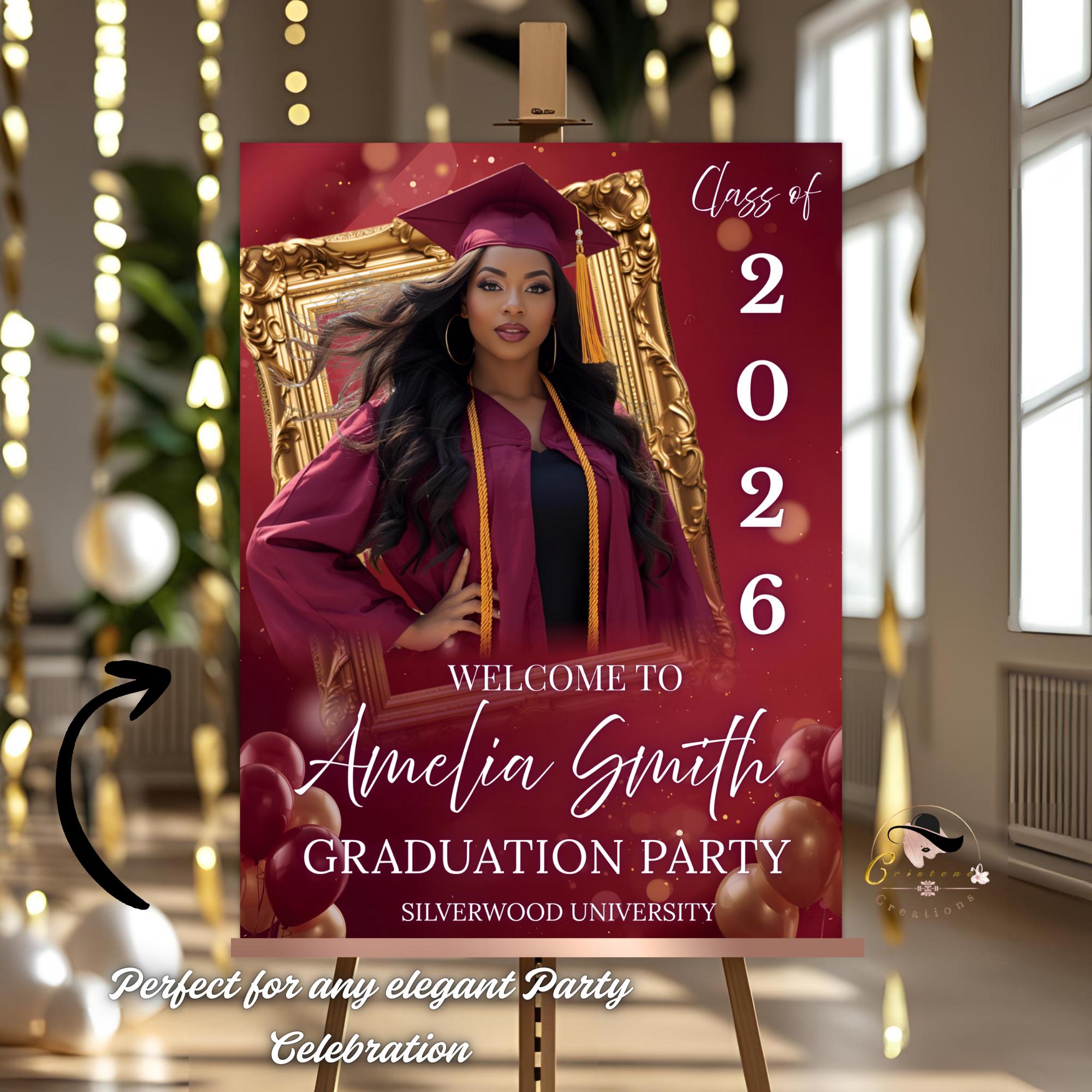 Maroon Graduation Welcome Party Sign, Woman Senior Graduate Poster Sign with photo Men College Commencement Announcement Entry Sign Template