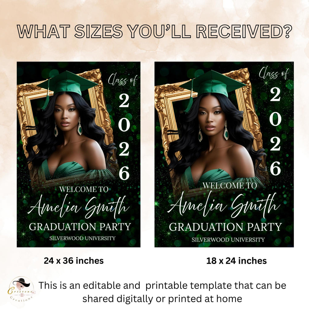 Green Graduation Welcome Party Sign, Woman Senior Graduates Poster Sign with photo Men College Commencement Announcement Entry Sign Template
