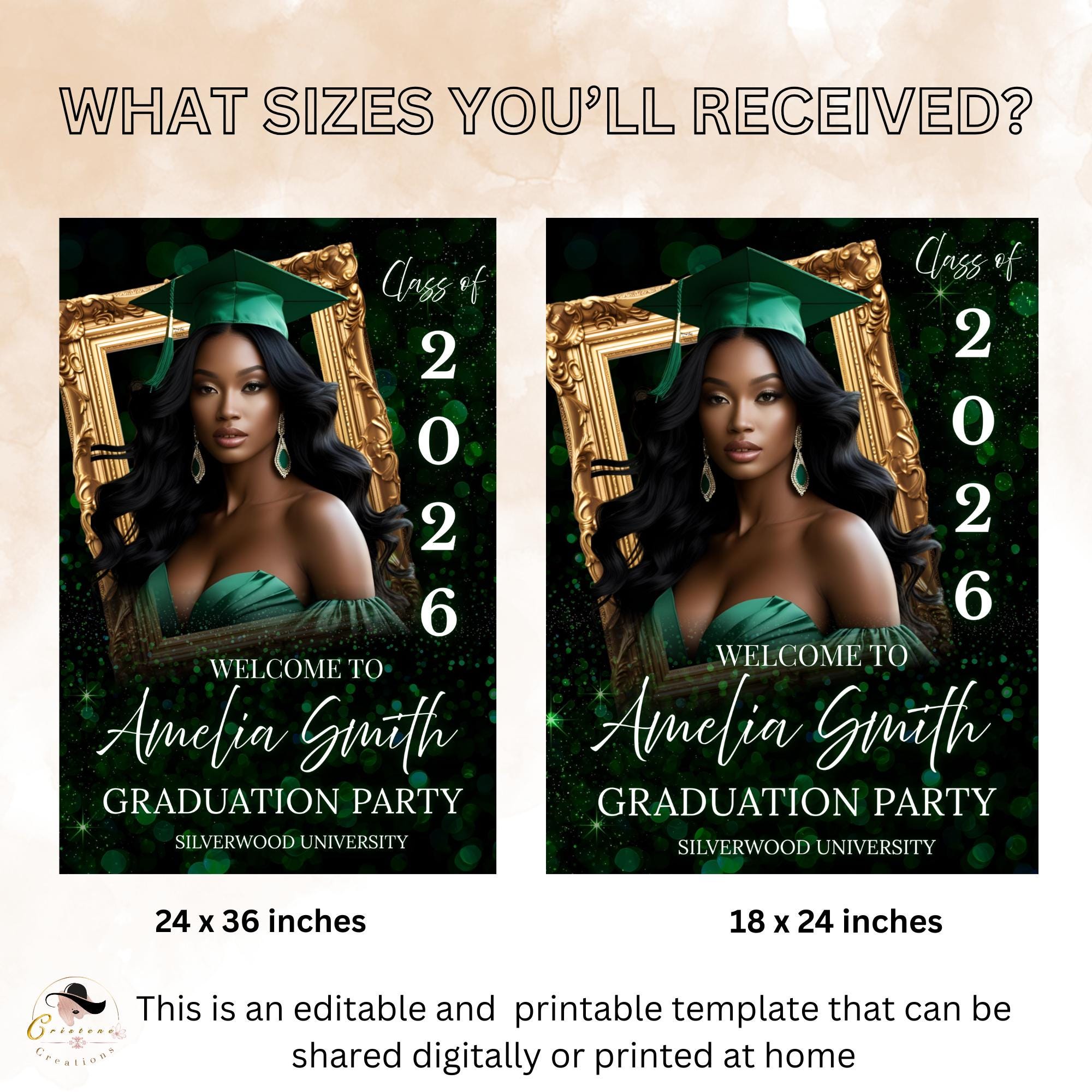 Green Graduation Welcome Party Sign, Woman Senior Graduates Poster Sign with photo Men College Commencement Announcement Entry Sign Template