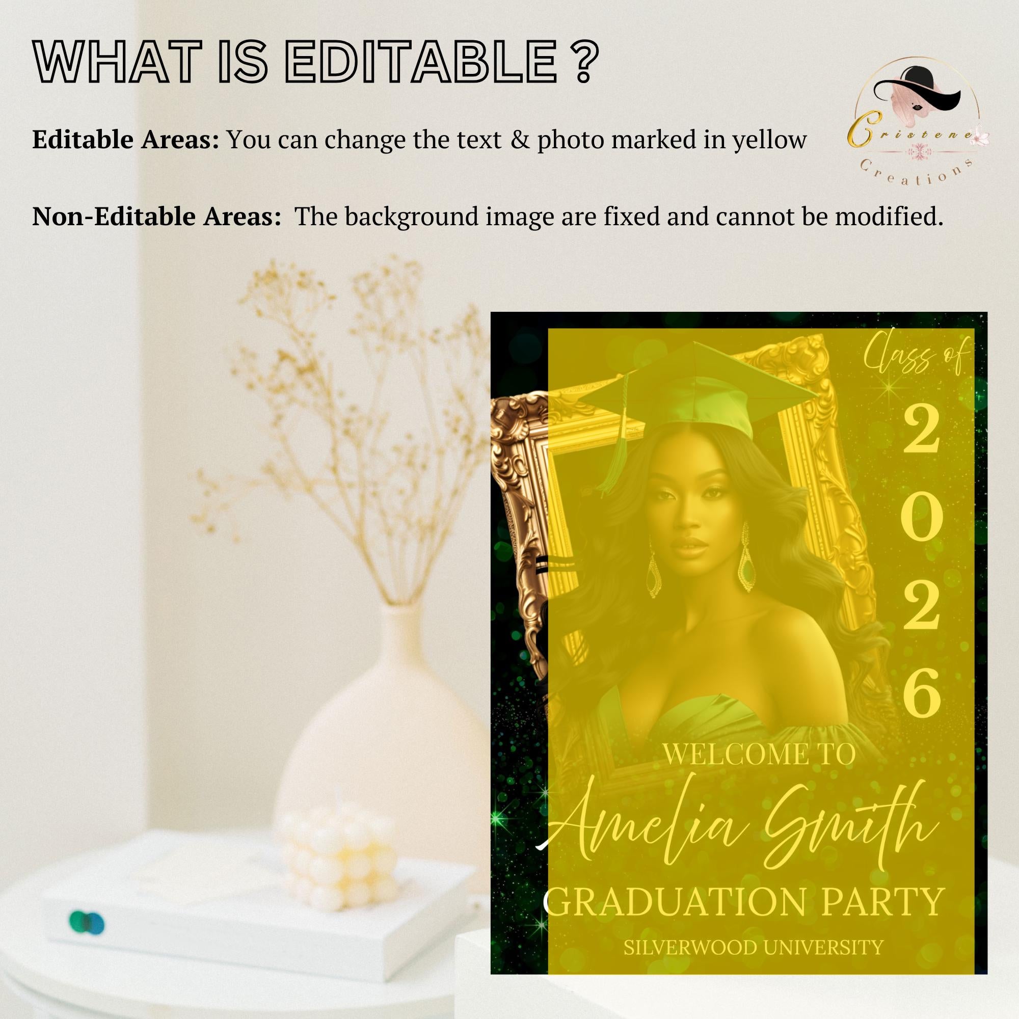 Green Graduation Welcome Party Sign, Woman Senior Graduates Poster Sign with photo Men College Commencement Announcement Entry Sign Template