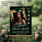 Green Graduation Welcome Party Sign, Woman Senior Graduates Poster Sign with photo Men College Commencement Announcement Entry Sign Template