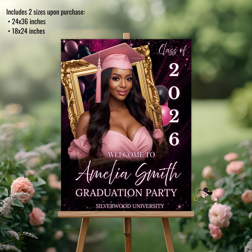 Graduation Welcome Party Sign Woman Senior Graduates Poster Sign with photo, Pink 2026 College Commencement Announcement Entry Sign Template