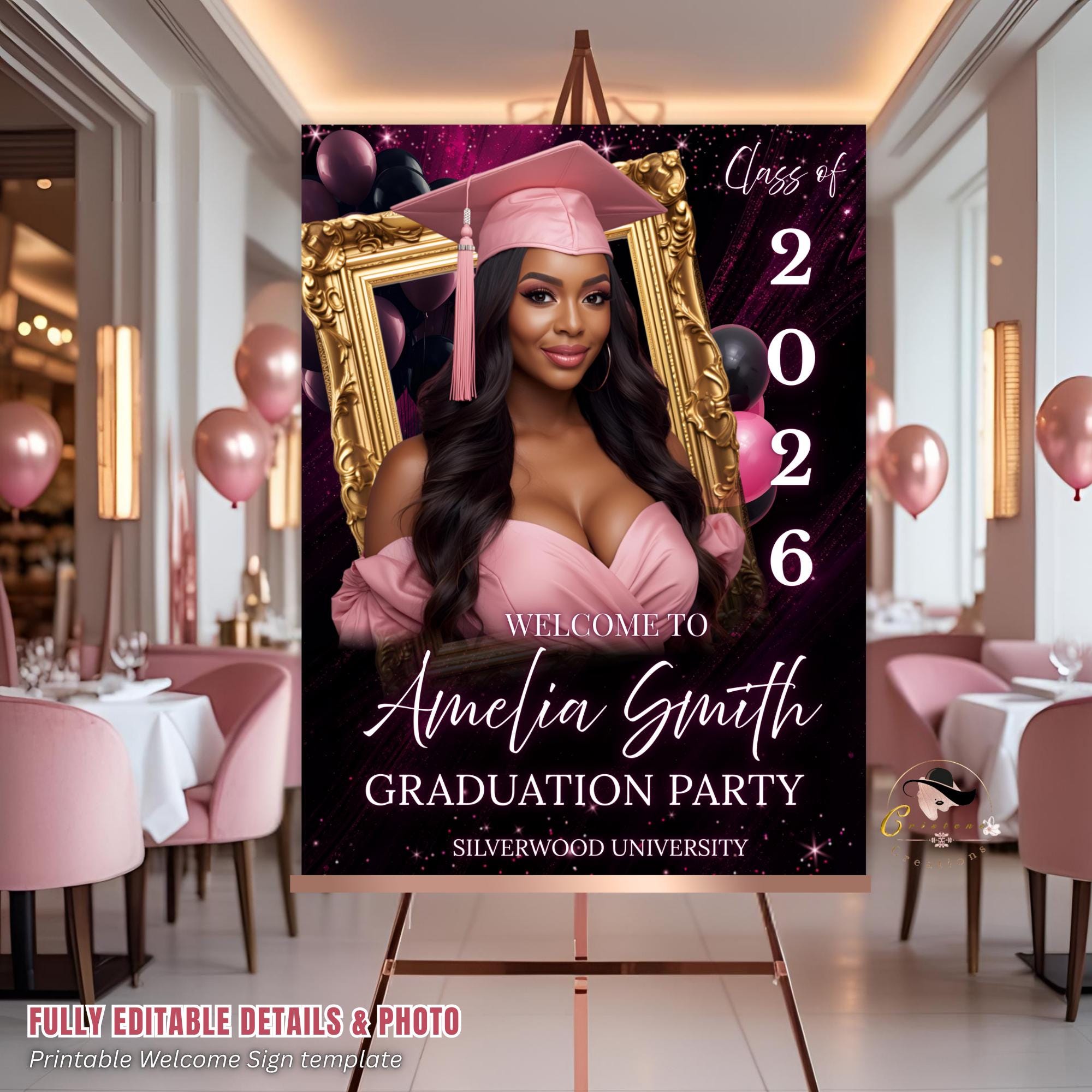 Graduation Welcome Party Sign Woman Senior Graduates Poster Sign with photo, Pink 2026 College Commencement Announcement Entry Sign Template