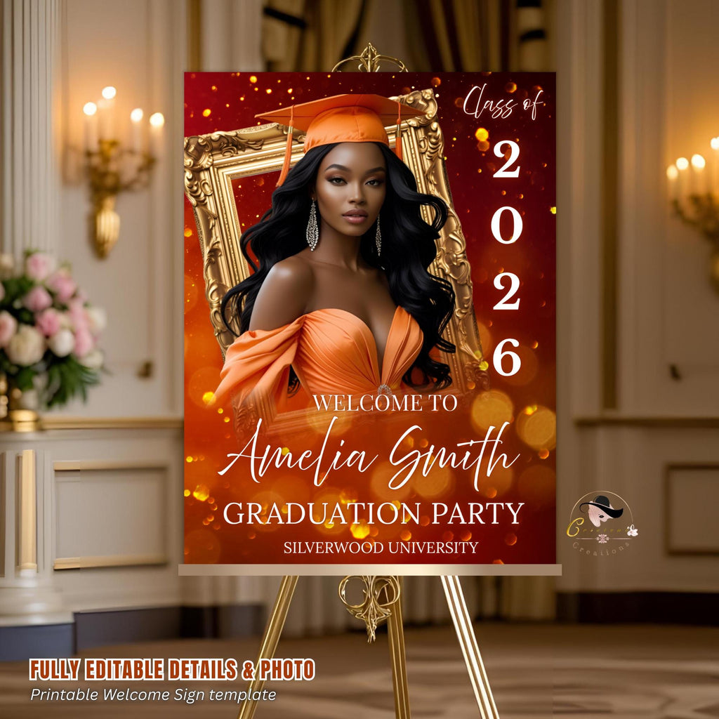 Orange Graduation Party Welcome Sign, Woman Senior Graduate Poster Sign with photo Men College Commencement Announcement Entry Sign Template