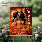 Orange Graduation Party Welcome Sign, Woman Senior Graduate Poster Sign with photo Men College Commencement Announcement Entry Sign Template