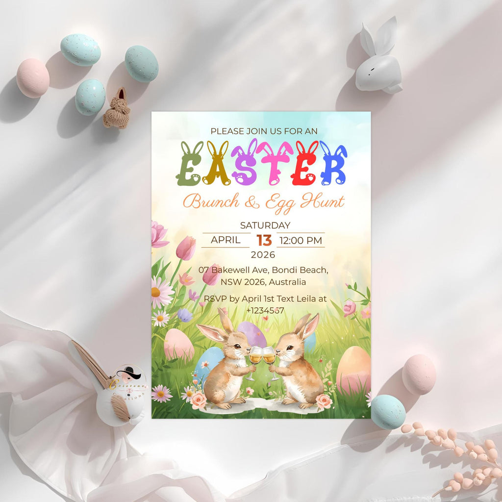 Easter Brunch and Egg Hunt Party Invitation, Bunnies Easter Picnic Inv ...