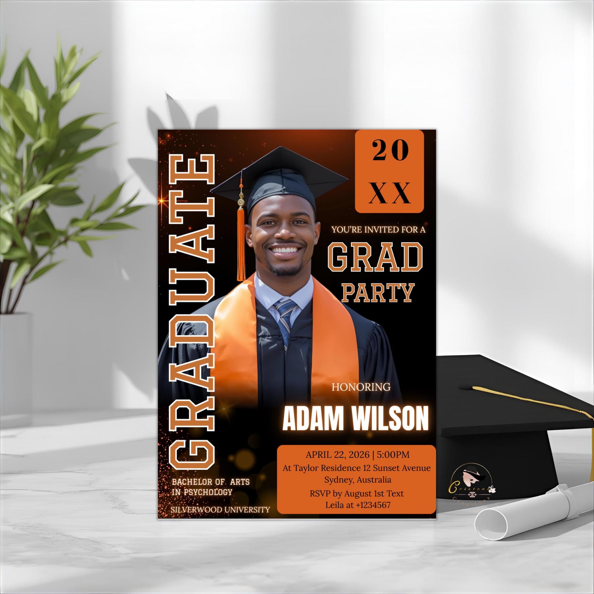 Men Graduation Announcement 2026 Invitation, Orange Black Senior Grad Party Invite with photo, Male College Graduate Magazine Cover Template