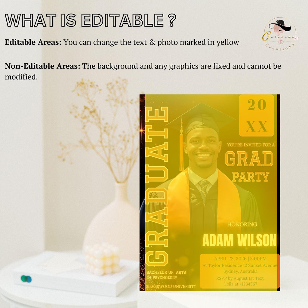 Men Graduation Announcement 2026 Invitation, Orange Black Senior Grad Party Invite with photo, Male College Graduate Magazine Cover Template