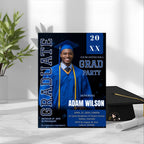 Men Graduation Announcement 2026 Invitation, Blue Black Senior Grad Party Invite with photo, Male College Graduate Magazine Cover Template