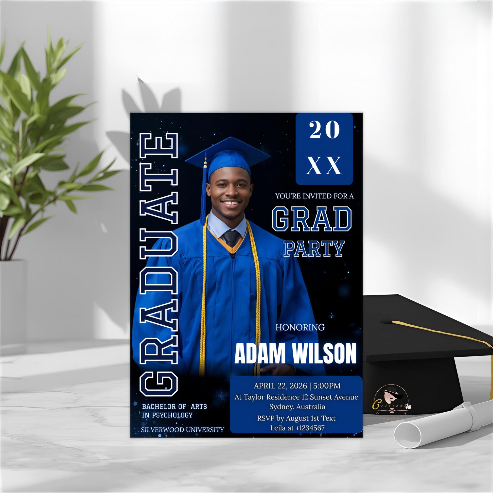 Men Graduation Announcement 2026 Invitation, Blue Black Senior Grad Party Invite with photo, Male College Graduate Magazine Cover Template