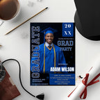 Men Graduation Announcement 2026 Invitation, Blue Black Senior Grad Party Invite with photo, Male College Graduate Magazine Cover Template
