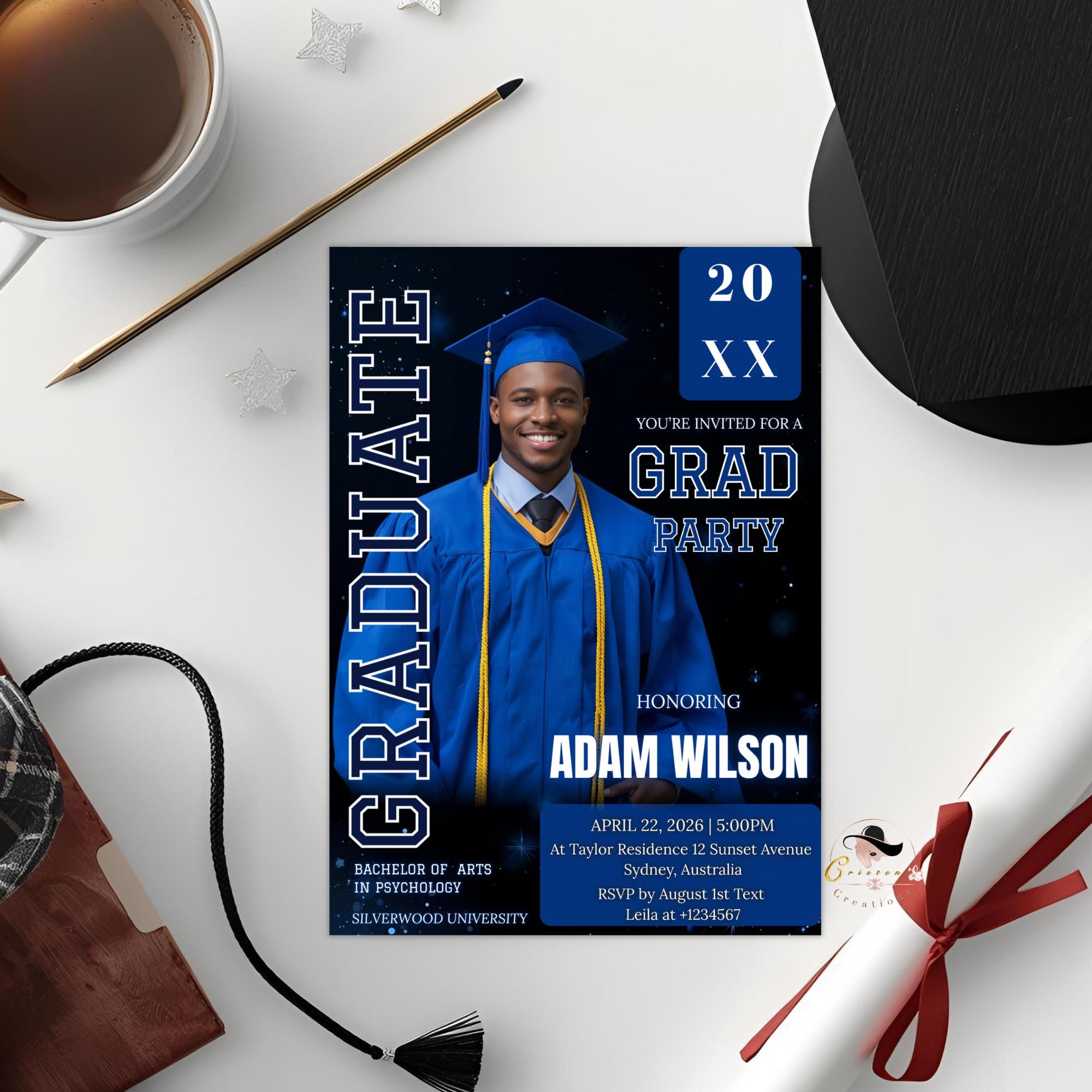 Men Graduation Announcement 2026 Invitation, Blue Black Senior Grad Party Invite with photo, Male College Graduate Magazine Cover Template
