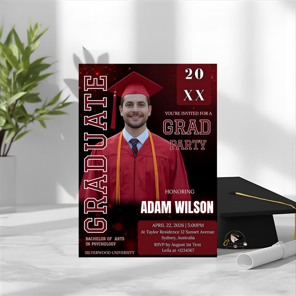 Red Graduation Announcement Invitation, Class of 2026 Men Senior Grad Party Invite with photo Male College Graduates Magazine Cover Template