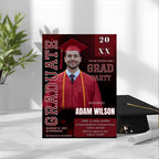 Red Graduation Announcement Invitation, Class of 2026 Men Senior Grad Party Invite with photo Male College Graduates Magazine Cover Template