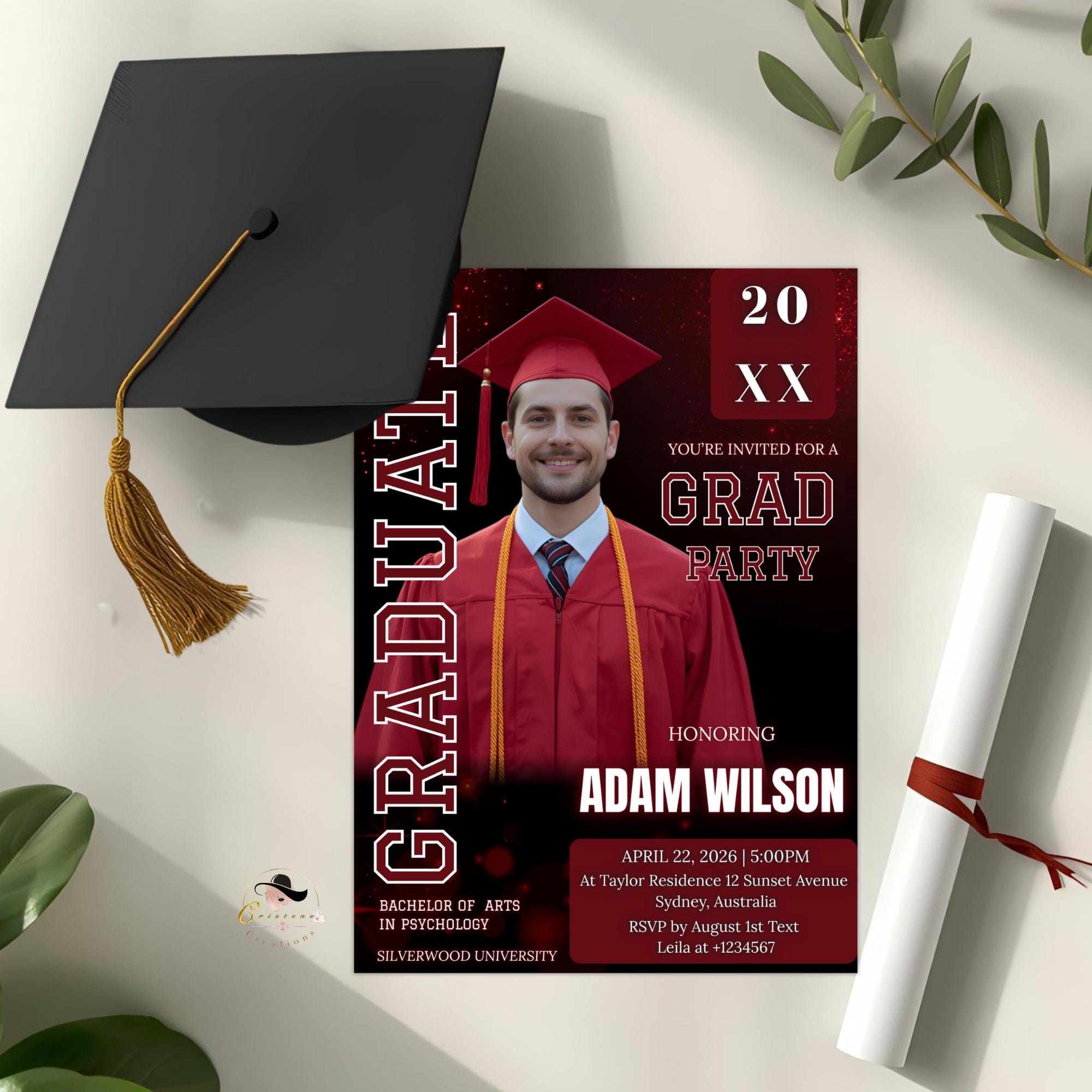 Red Graduation Announcement Invitation, Class of 2026 Men Senior Grad Party Invite with photo Male College Graduates Magazine Cover Template
