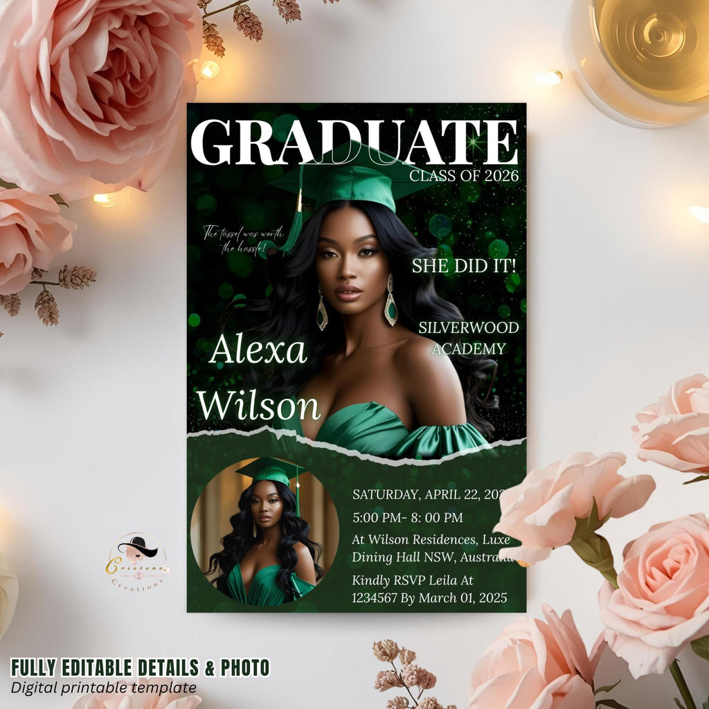 Green Graduation Party Announcement Invitation, Woman Senior Graduate Invite with photo, 2026 College Graduation Day Magazine Cover Template